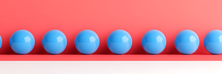 Aufkleber - A row of shiny, light blue spheres stand in perfect alignment against a background of red and white. Minimalist art at its finest.