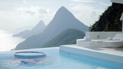 Wall Mural - A serene poolside scene with a stunning view of the ocean and surrounding mountains