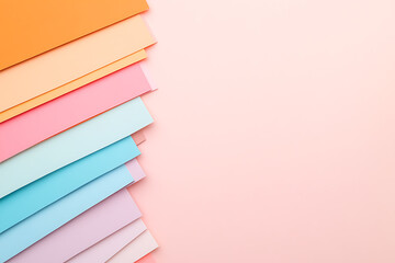 Poster - Colorful Paper Arrangement: A stack of pastel-colored papers, neatly arranged on a pink surface, showcases a gradient from orange to purple hues.