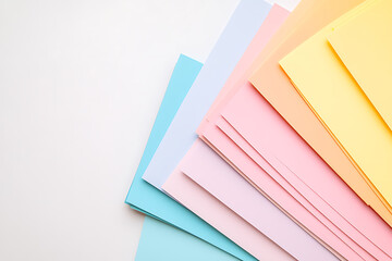 Poster - Pastel Paper Assortment: A colorful array of pastel-toned paper, ideal for creative projects and designs. Light hues create a soft, inviting visual.