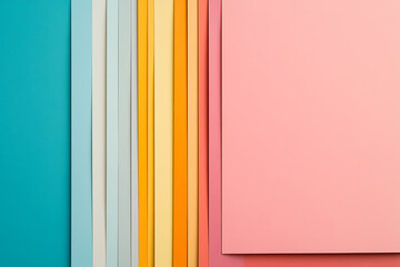 Poster - Colorful paper sheets arranged vertically, showcasing pastel shades and creating a vibrant, textured background. A pink block provides contrast.