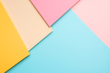 Poster - Pastel Paper Composition: An artful arrangement of light blue, peach, pink, and yellow papers creates a modern, minimalist aesthetic. Ideal for backgrounds.