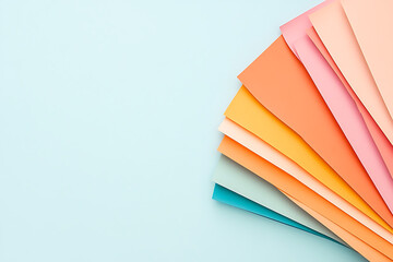 Poster - Colorful paper collection: A vibrant display of assorted hues. From warm oranges to soft pinks, creating a playful contrast against a light blue backdrop.