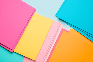 Poster - Colorful Paper Stacks: An abstract composition featuring layered sheets of vibrant pink, yellow, orange, and blue, set against a light blue background.