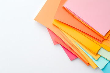 Poster - Stack of colorful pastel paper sheets in warm tone. Creative minimal mockup on white background. Bright abstract trendy backdrop.