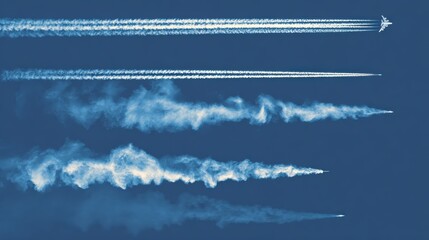 Poster - Airplane condensation trails. Jet trailing smoke isolated vector set. Foggy trail jet or plane, smoky effect after rocket illustration, no logos, no brands