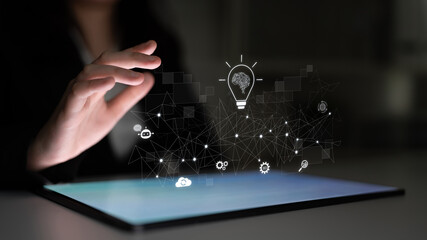 Poster - AI innovation with neural network and digital transformation. AI innovation drives automation, powers ideas, AI innovation enhances SEO, and AI innovation enables global connection. Latch