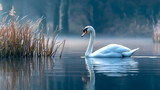 Graceful mute swan gliding across a misty lake during early morning light near reeds