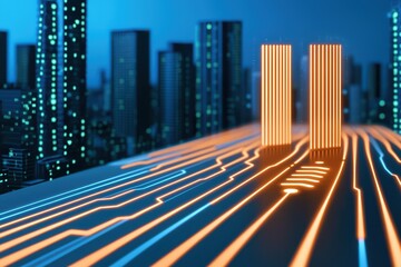 Poster - Futuristic Cityscape with Neon Lines and Tall Structures