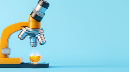 Poster - Modern Microscope with Golden Particles on Blue Background