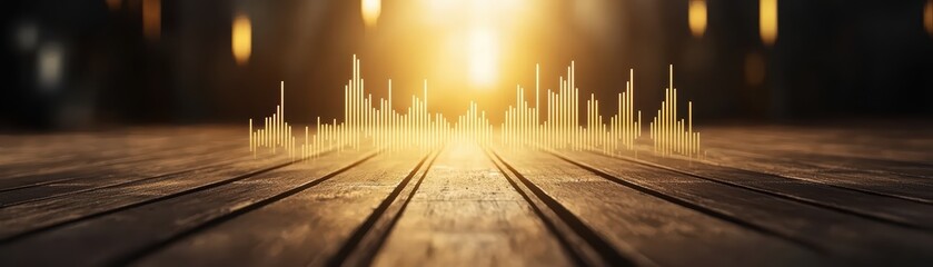 Poster - Vibrant Sound Wave Visualization over Wooden Floor Background
