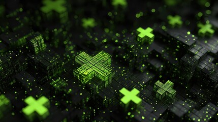 Poster - Abstract digital background with small green plus signs at dark pixel background. 3D Rendering, no logos, no brands