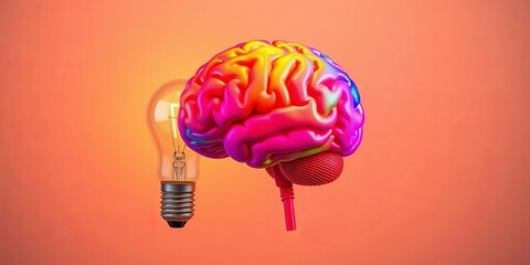 Poster - Colorful brain inside glowing lightbulb on beige background,  thinking,  education