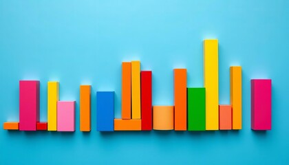 Poster - Colorful plastic building blocks forming bar graphs on a blue background, blocks graph, construction
