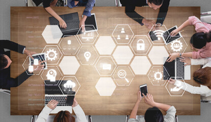Poster - Hexagon interface combining AI, data, analytics, and cybersecurity. AI connects systems, data drives analytics, data supports decisions, and AI enables smart business infrastructure. Vouch