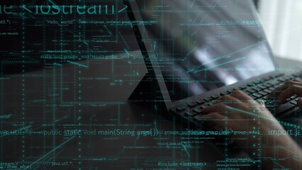 Poster - A close-up image showing hands typing on a laptop keyboard with computer code graphics in the background, symbolizing programming, technology, and innovation in a modern workspace. Xenic