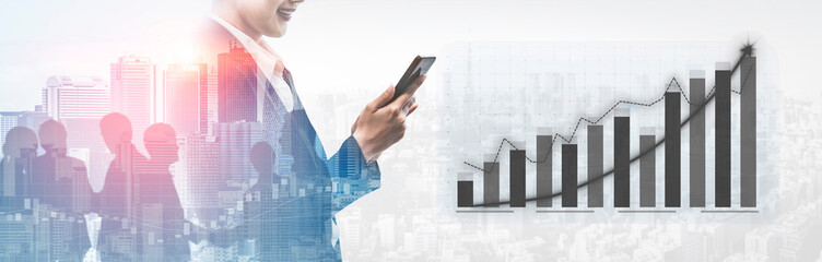 Poster - A business professional uses a smartphone to analyze data, standing in front of a vibrant urban skyline. Graphs depict growth and market trends, symbolizing progress. Impute