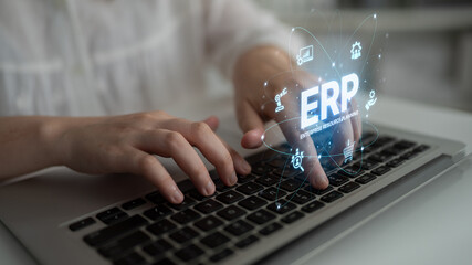 Poster - ERP platform visual showing centralized system for enterprise resource planning, improving integration, data flow, business efficiency, finance, inventory, and human resources. Spline