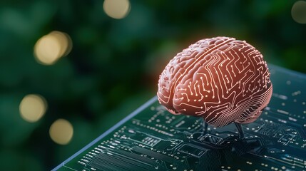 Poster - Digital Brain Model on Circuit Board with Green Background