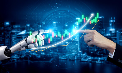 Poster - Futuristic Interaction Between Human Hand and Robotic Hand Over Financial Data Graph with Blue Background Impute.