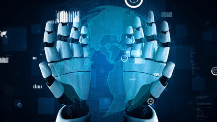 Poster - This visual portrays robotic hands enveloping a globe, emphasizing digital connectivity and data analytics, symbolizing advancements in technology and innovative solutions. Xenic