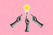 © Ruzanna - Art collage on the theme of inspiration and creative idea. Successful innovation ideas and inspiration ideas. Burning light bulb on a pink background