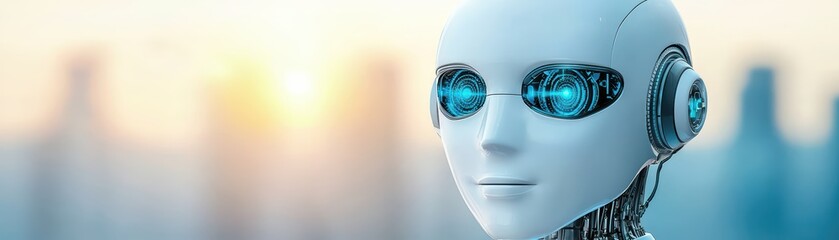 Poster - Futuristic Robot Head with Bright Blue Eyes and City Background