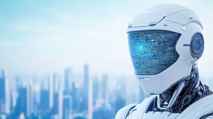 Poster - Futuristic Robot Head Against Urban Skyline Background