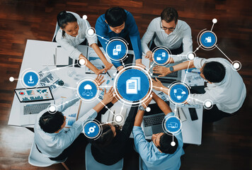 Poster - Top view diverse office worker join hand together in office room symbolize business synergy and strong productive teamwork in workplace. Cooperation and unity between business employee. Prudent Amity