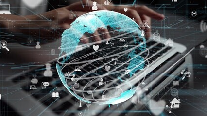 Poster - A visually striking image captures a person typing on a laptop with an overlay of global icons representing connectivity, communication, and digital technology. Xenic