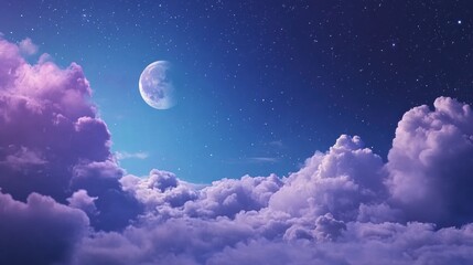 Wall Mural - A serene night sky scene featuring a crescent moon and fluffy, purple-toned clouds.