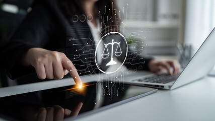 Poster - Futuristic digital law interface displaying justice scale, highlighting digital law, AI compliance, digital law systems, and digital law regulations for secure governance. Spline