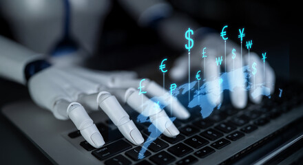 Poster - AI artificial intelligence facilitates secure global money exchange with smart fintech systems, virtual assistants, and intelligent conversion tools for digital transactions. Latch