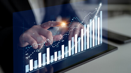 Poster - A professional examines financial data on a digital tablet, showcasing vibrant graphs and statistics that illustrate market growth and performance insights. Impute