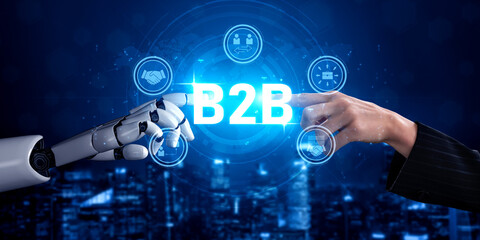 Poster - AI artificial intelligence enhances B2B strategy with smart tools and virtual assistants to optimize communication, streamline operations, and improve business market efficiency. Vouch