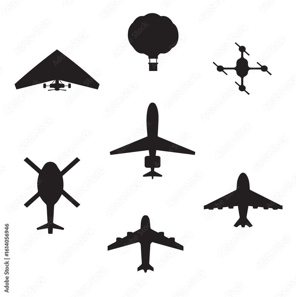  Airplane, helicopter, drone, air balloon and hang-glider set. Black vector silhouette top view isolated on a white background