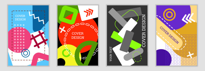 Poster - Bright background in Memphis style. Set of geometric cover designs. Fashionable bright cover, banner, poster, booklet. Bright colors. Vector