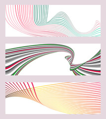 Poster - Wavy lines or ribbons. Set of 3 backgrounds. Multicolored striped gradient. Creative unusual background with abstract gradient wave lines to create a trendy banner, poster. vector eps