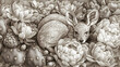 © L.H - A sepia-toned, detailed image of a small fawn nestled amongst a cluster of various succulents and flowers, including cacti and peonies.  The fawn is in a relaxed pose amidst the floral and plant life