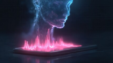 Poster - Glowing holographic head projection with neon sound waves from smartphone screen in dark futuristic background