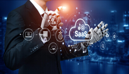 Poster - AI powers SaaS platforms with smart infrastructure, automated deployment, and intelligent integration tools in cloud-based digital environments. Artificial intelligence spline
