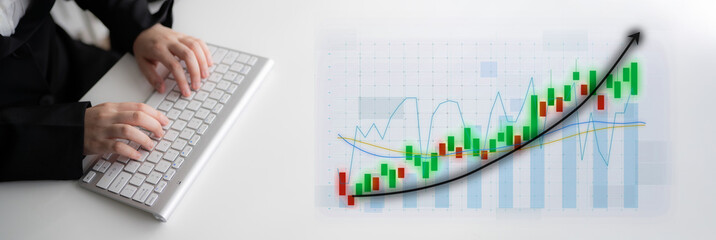 Poster - A business professional analyzes stock market data using a keyboard, with a graph displaying positive trends on a white desk, showcasing financial insights and growth potential. Impute