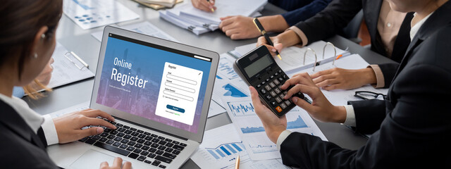 Poster - Business intelligence and data analysis concept. Analyst team working on financial data analysis dashboard on laptop screen as marketing indication for effective business strategic planning. Insight