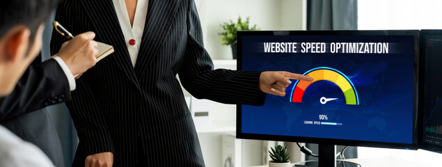 Poster - Computer software evaluating website loading speed. Concept of improving website loading speed brisk.