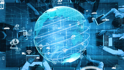 Poster - Innovative workspace showcasing diverse individuals collaborating with technology symbols above a digital globe, representing global connectivity in modern business. Xenic