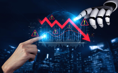 Poster - AI visualizes economic caution with smart graphs, alert icons, and data trend analysis, helping businesses respond to financial instability and risk. Artificial intelligence spline