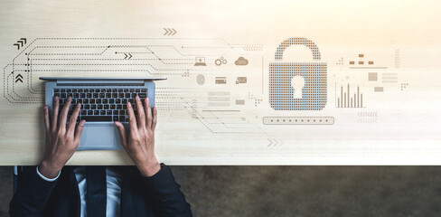 Poster - Cybersecurity protection system showing password encryption, fingerprint ID, cloud security, email, credit card, and database lock for secure data access Vouch