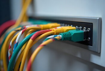 ethernet cables connected to network switch, close up