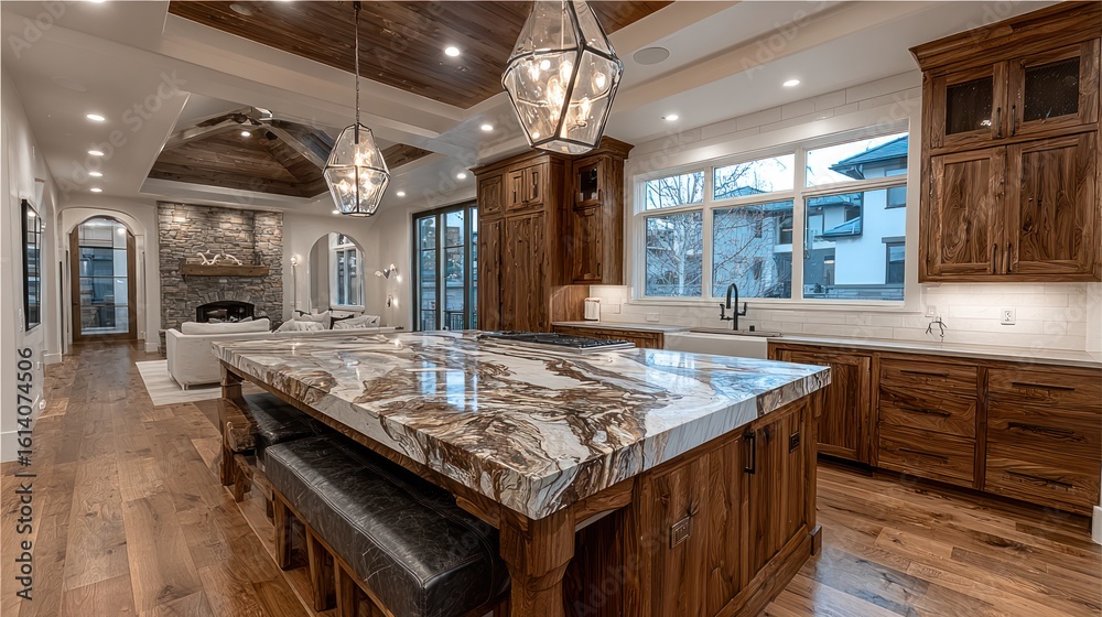 Spacious kitchen with wood cabinets, granite island, and hardwood ...