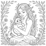 Adorable Coloring Page of an Elf Girl with a Kitten